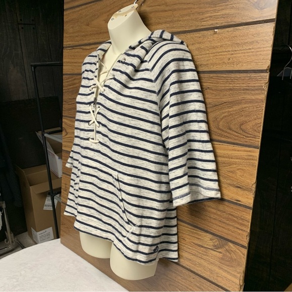 Sperry size small blue/gray Striped Lace-Up Hoodie front pocket - Picture 8 of 9